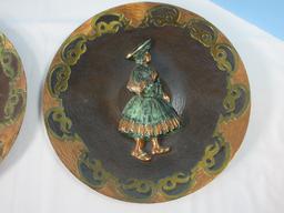 Beautiful Pair Peruvian Folk Art Wall D‚cor Charger 13 1/2" Plates Relief Distinguished