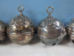 Lot 4 Reed & Barton Silverplate Holly Bell Annual Ornament, 3 Wallace Annual Bell Ornaments