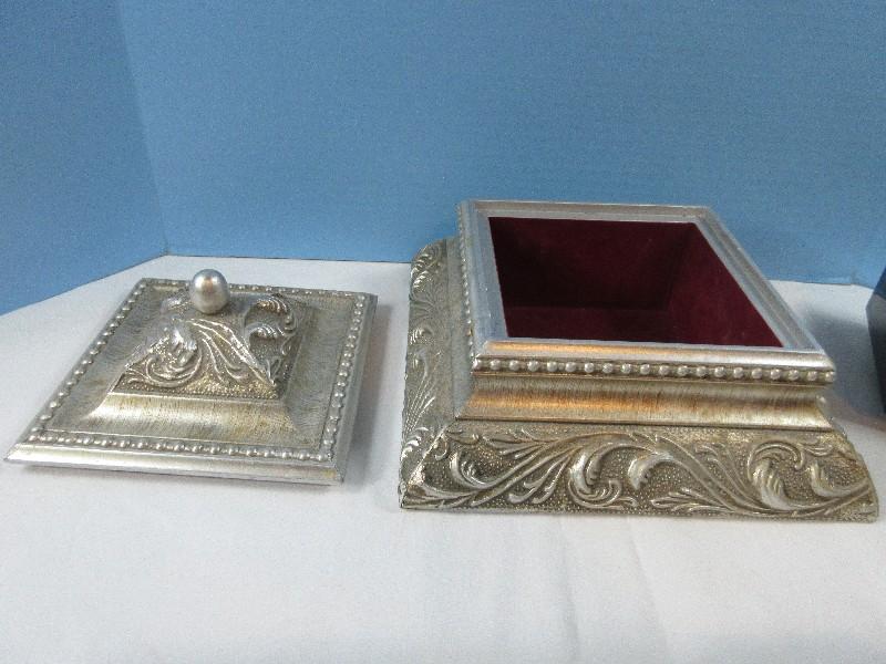 Lot Gorgeous Baroque Style 2pc Silver Tone Scroll Acanthus Leaves/Beaded Trim Box Lined