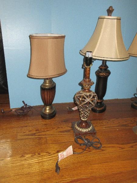 Lot Pair Resin Urn 27" Lamps Black Gilt Pierced Scroll Accent, Resin Reticulated Embellished 19"