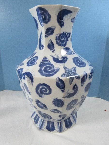 Impressive Maitland-Smith LTD. Semi Porcelain Octagonal Form Large 17" Blue/White Vase