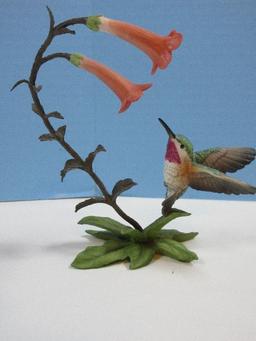 2 Collectors Franklin Mint Porcelain & Bronze Figural Hummingbirds & Flowers-Approx 6 1/2"