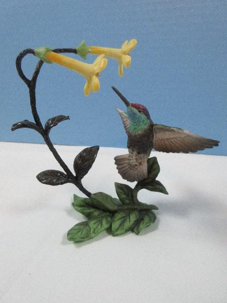 2 Collectors Franklin Mint Porcelain & Bronze Figural Hummingbirds & Flowers-Approx 6 1/2"