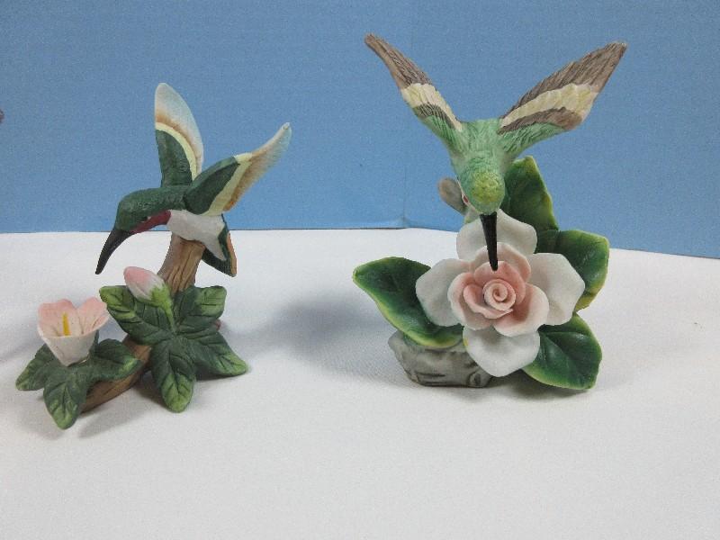 4 Hummingbirds & Flowers Porcelain Bisque Figurines Maruri Porcelain/Bronze Hibiscus 7 1/2",