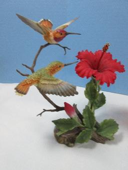 4 Hummingbirds & Flowers Porcelain Bisque Figurines Maruri Porcelain/Bronze Hibiscus 7 1/2",