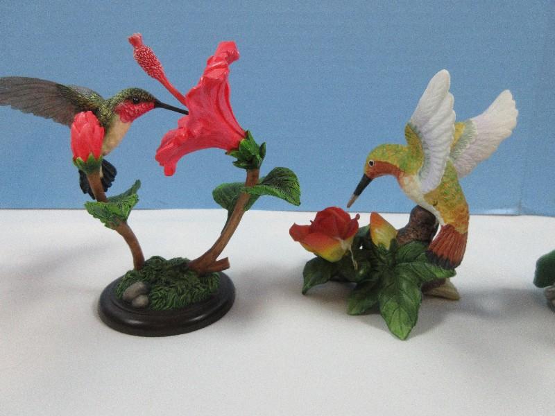4 Hummingbirds & Flowers Porcelain Bisque Figurines Maruri Porcelain/Bronze Hibiscus 7 1/2",