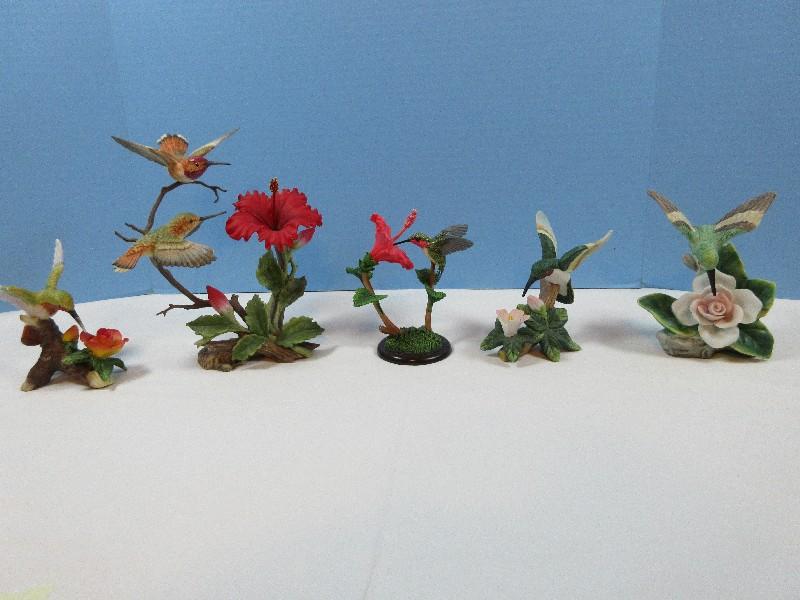 4 Hummingbirds & Flowers Porcelain Bisque Figurines Maruri Porcelain/Bronze Hibiscus 7 1/2",