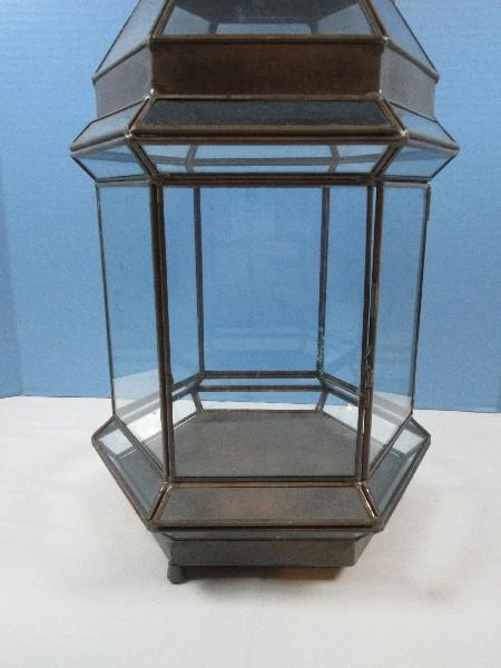 Pottery Barn Old World European Style Pillar Candle Lantern Glass panels w/Metal Frame on