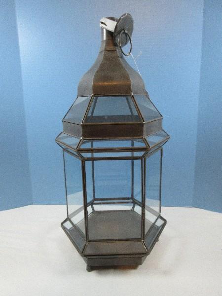 Pottery Barn Old World European Style Pillar Candle Lantern Glass panels w/Metal Frame on