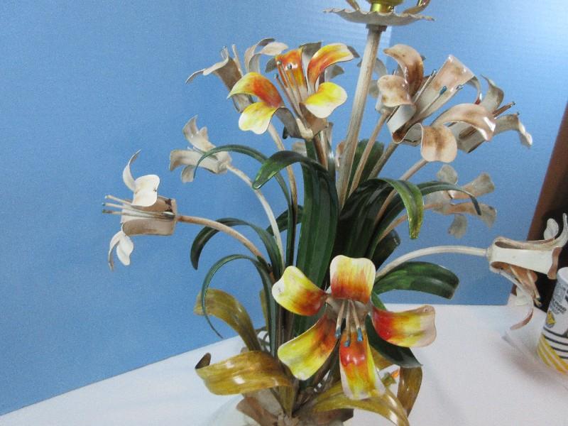 Gorgeous Vintage Metal Italy Tole Style Lilies Stem Flowers & Foliage 32" Table on Wood Base