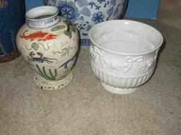 Lot Semi Porcelain Blue/White Jardiniere Planter 12"H Top 14" Andrea Porcelain Fish, Crabs &