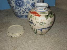 Lot Semi Porcelain Blue/White Jardiniere Planter 12"H Top 14" Andrea Porcelain Fish, Crabs &