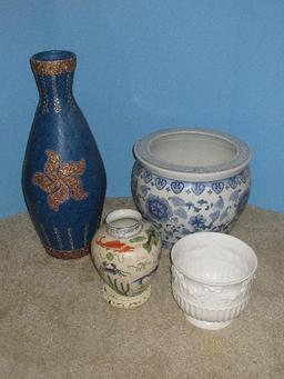 Lot Semi Porcelain Blue/White Jardiniere Planter 12"H Top 14" Andrea Porcelain Fish, Crabs &