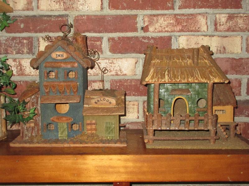 Lot 3 Decorative Bird House Saloon Inn, Yacht Club, Cottage, 3 Faux Plants in Containers