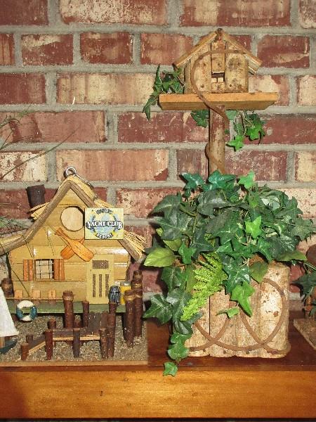 Lot 3 Decorative Bird House Saloon Inn, Yacht Club, Cottage, 3 Faux Plants in Containers