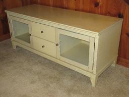 Stylish Contemporary Modern Media Console Cabinet Double Center Drawers Flanked by Glass