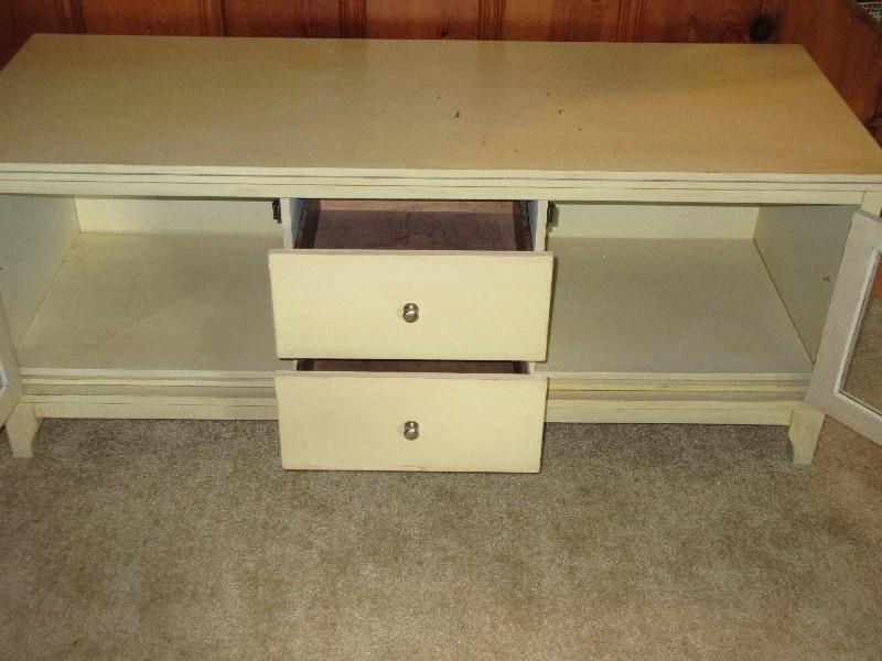 Stylish Contemporary Modern Media Console Cabinet Double Center Drawers Flanked by Glass