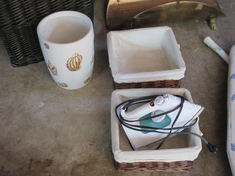 Lot Wicker Hamper Iron, Ironing Board, Relief Shell Ceramic Waste Bin, Fire Log Holder etc.