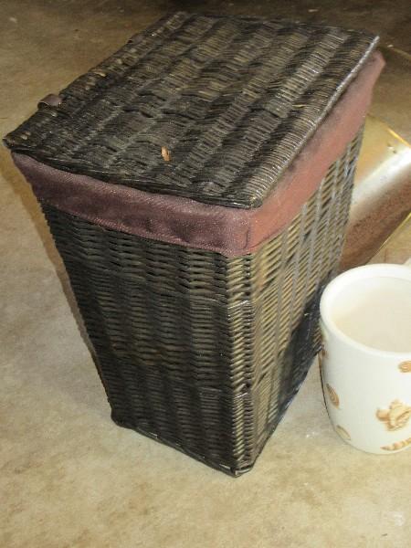 Lot Wicker Hamper Iron, Ironing Board, Relief Shell Ceramic Waste Bin, Fire Log Holder etc.