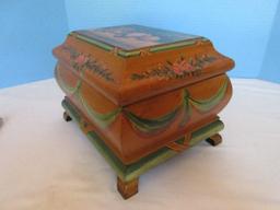 Beautiful Wooden Footed Keepsake Chest Still Life Fruit Floral Swag & Drapery Design