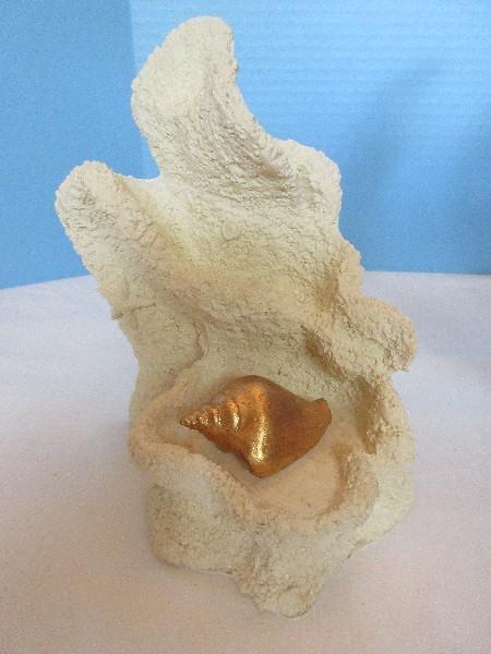 Lot Novelty Crab & Shells Figure 9" & Resin Reef w/Gold Tone Conch Shell Bookend