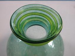 7" Studio Art Glass Hand Blown Squat Vase Teal Crackle Glass Applied Yellow Glass Spiral Ribbon