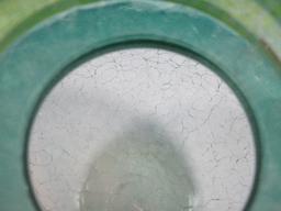 7" Studio Art Glass Hand Blown Squat Vase Teal Crackle Glass Applied Yellow Glass Spiral Ribbon