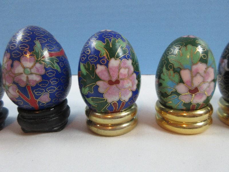 Figural Egg Collection 10 Cloisonne Various Oriental Floral Designs & Colors w/Stands