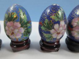 Figural Egg Collection 10 Cloisonne Various Oriental Floral Designs & Colors w/Stands