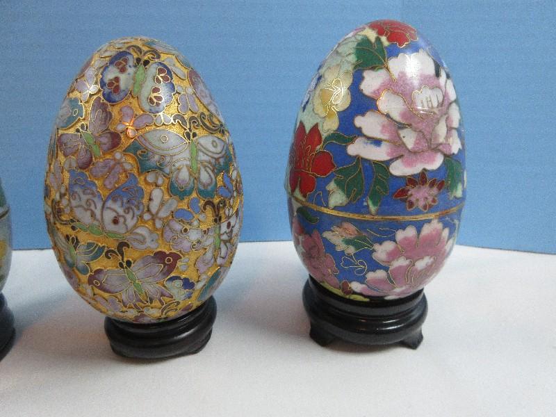 Lot 4 Cloisonne Large Eggs, & Enamel Egg w/Stands Beautifully Decorated(2 Are Hinged-4 3/4")