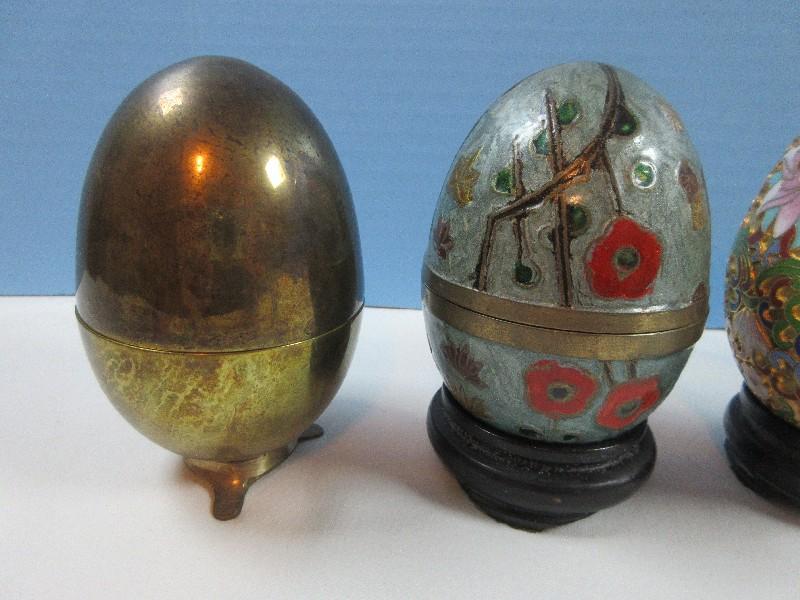 Lot 4 Cloisonne Large Eggs, & Enamel Egg w/Stands Beautifully Decorated(2 Are Hinged-4 3/4")