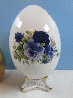 Lot 9 Figurine Eggs Porcelain Baum Bros. Formalities Rose Spray Transfer 10", Gold Leaf 7",