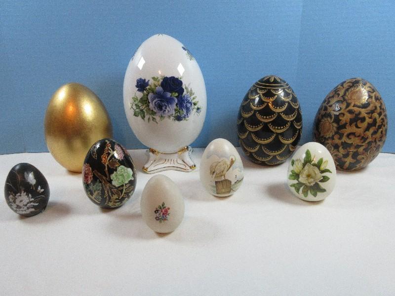 Lot 9 Figurine Eggs Porcelain Baum Bros. Formalities Rose Spray Transfer 10", Gold Leaf 7",