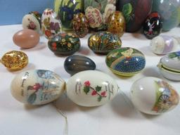 25+ Egg Collection Figurines, 2 Real Hand Painted Eggs, 2pc Trinket Box, Reverse Floral Design