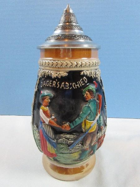 8 1/2" Traditional W. Germany Pottery Clay Stein w/Hinged Pewter Lid "Jagers Farewell"