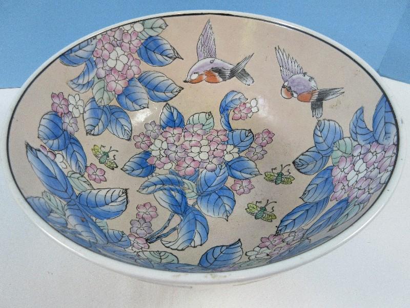 Semi Porcelain Footed Console 10" Round Bowl Hand Painted Incised Birds, Insects &