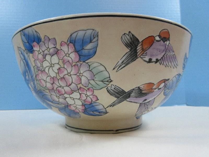 Semi Porcelain Footed Console 10" Round Bowl Hand Painted Incised Birds, Insects &