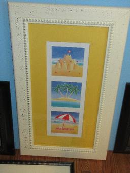 6 Coastal Beach Theme Frame Artwork Prints Set of 3 Matching Rope Trim Frames Beach Huts/