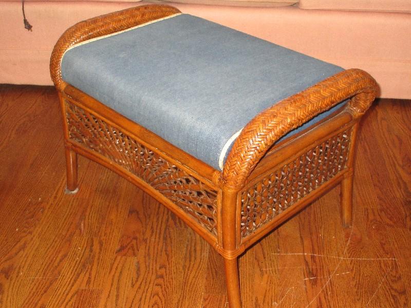 Wicker Rattan Ottoman w/Removable Demin Cushion Herringbone Pattern Trim Cushion-