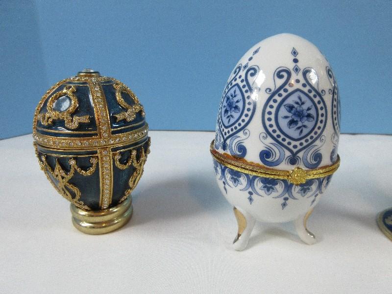 Collection 4 Russian Faberge Style Enamel Jeweled Exquisite Figural Trinket Box Eggs w/Stands