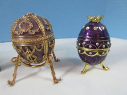 Collection 4 Russian Faberge Style Enamel Jeweled Exquisite Figural Trinket Box Eggs w/Stands