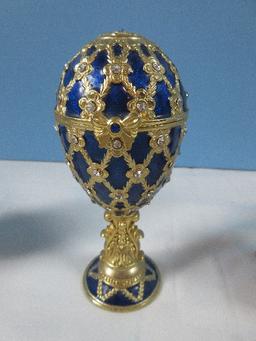 Collection 4 Russian Faberge Style Enamel Jeweled Exquisite Figural Trinket Box Eggs w/Stands