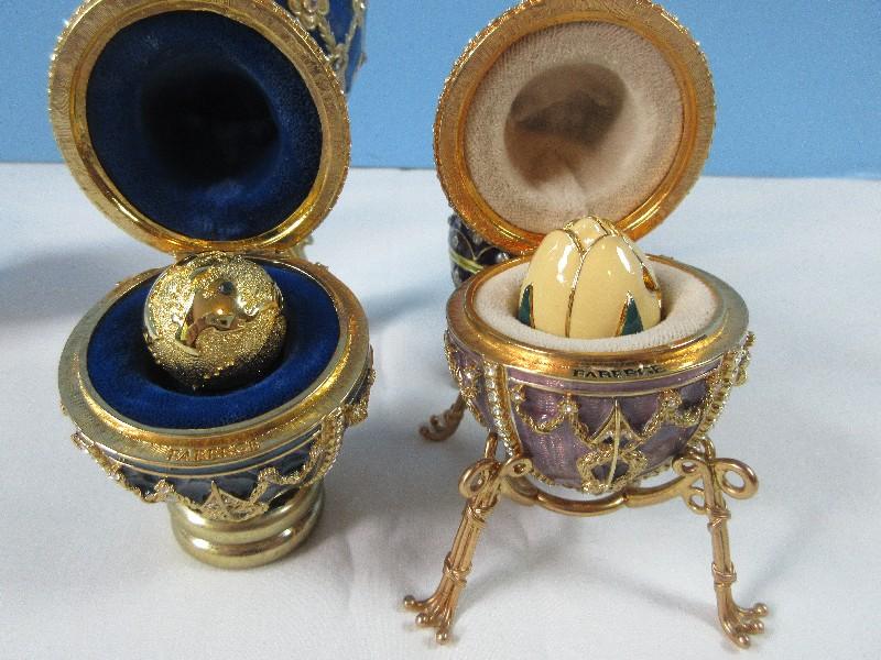 Collection 4 Russian Faberge Style Enamel Jeweled Exquisite Figural Trinket Box Eggs w/Stands