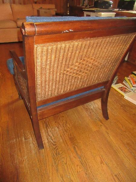 English Regency Arm Chair Mahogany Trim w/Diamond Pattern Woven Wicker Sides Demin