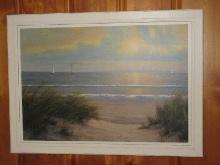 Tranquil Beach w/Rolling Waves & Sailboats in The Distance Artwork on Artist Board Signed