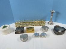 Lot Brass Plated Arched Dresser Tray, Italian Florentine Style Gilt Trinket Box, Silverplate Basket