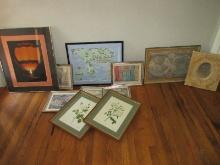 Lot Framed Map Prints, 2 Botanical Rose Prints, Plaster oak Foliage & Acorn Wall Mirror, Hot