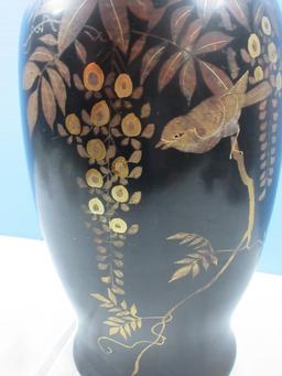 Early Chinoiserie Pottery 13" Vase Beautiful Embellished Perched Bird & Flowering Vine Asian
