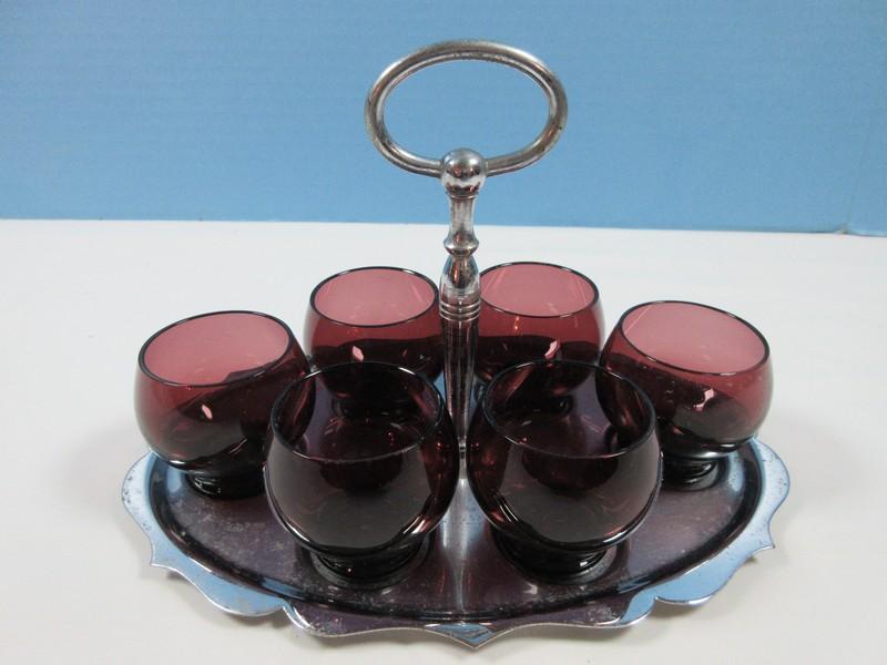 7pc Retro 6 amethyst Liqueur Cordial Glasses w/Oval Center Handle Serving Tray