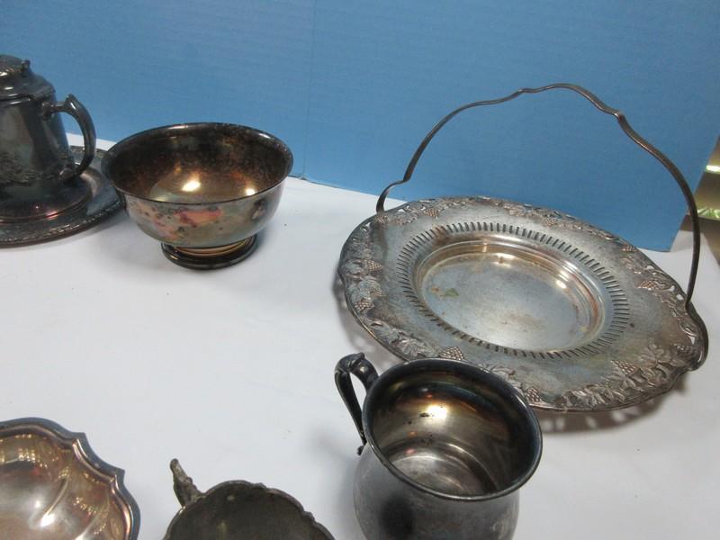 Lot Misc Silverplate Bride Basket, Engraved Round Tray, 3 Part Meat/Vegetable Server, Baby Cup